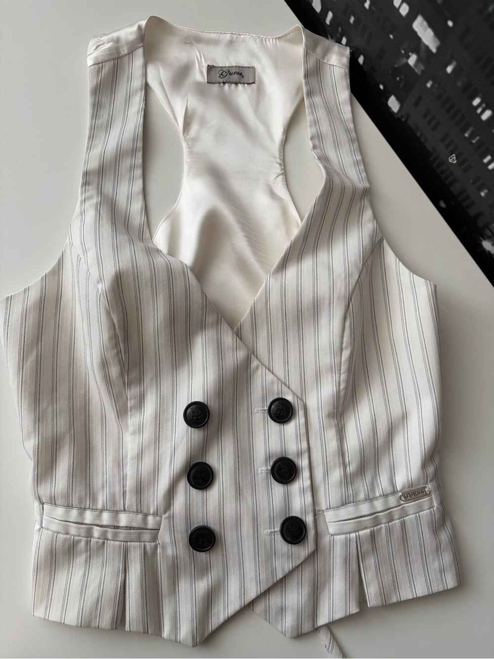 Guess Cream Pinstripe Double-Breasted Vest